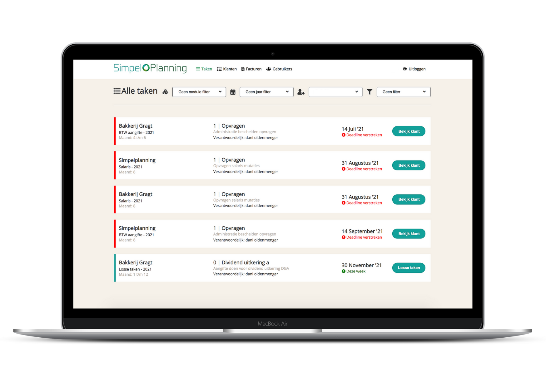 Een overzicht van het Simpel Planning dashboard