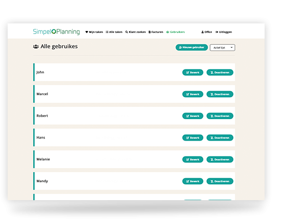 Prinstscreen van gebruikerslijst. U kunt zelf alle medewerkers toevoegen zodat alle medewekers toegang hebben tot de planning